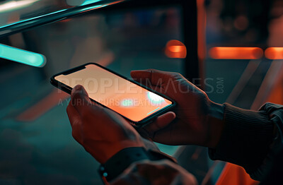 Smartphone, hand and person typing an email or message for social media marketing, business or networking. Closeup, cellphone and blank screen mockup space for apps, content creation and research