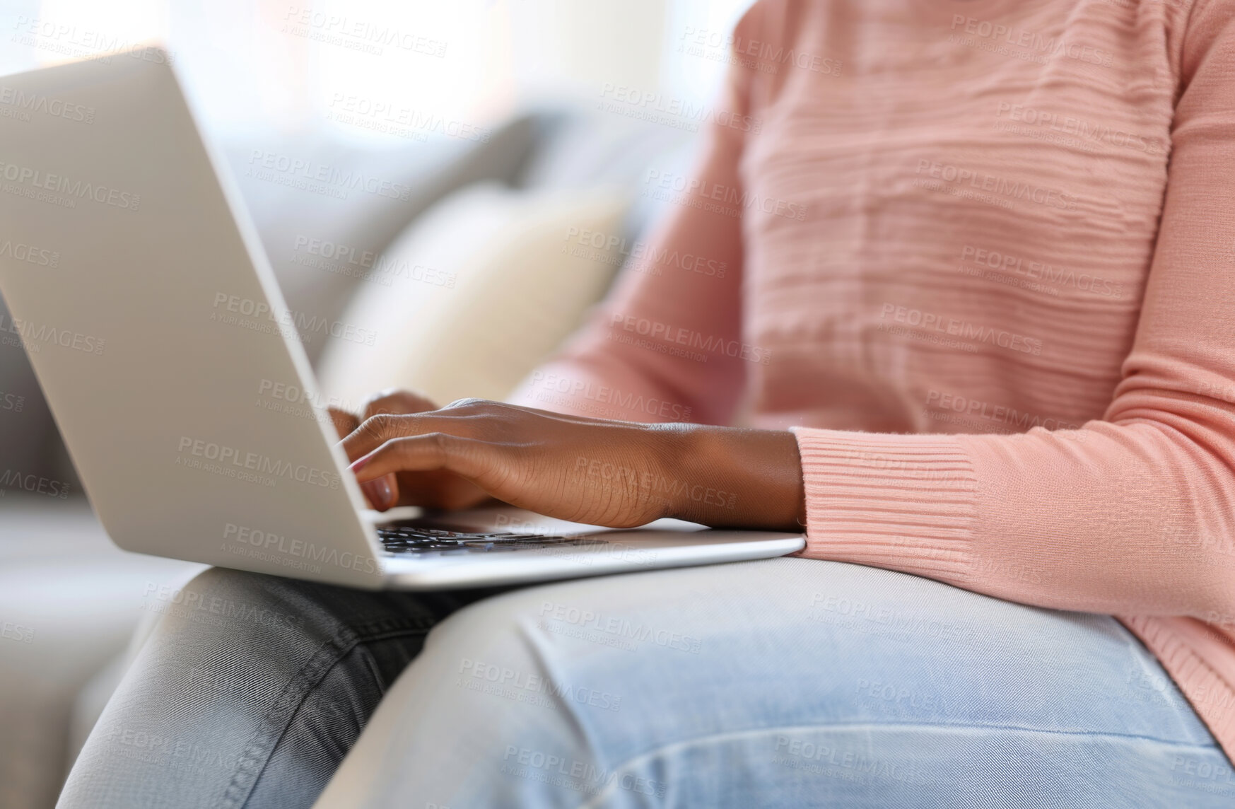 Buy stock photo Laptop, hand and person typing an email or message for social media marketing, business or networking. Closeup, computer and video call with friends or colleagues for content creation and research