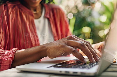 Laptop, hand and person typing an email or message for social media marketing, business or networking. Closeup, computer and video call with friends or colleagues for content creation and research