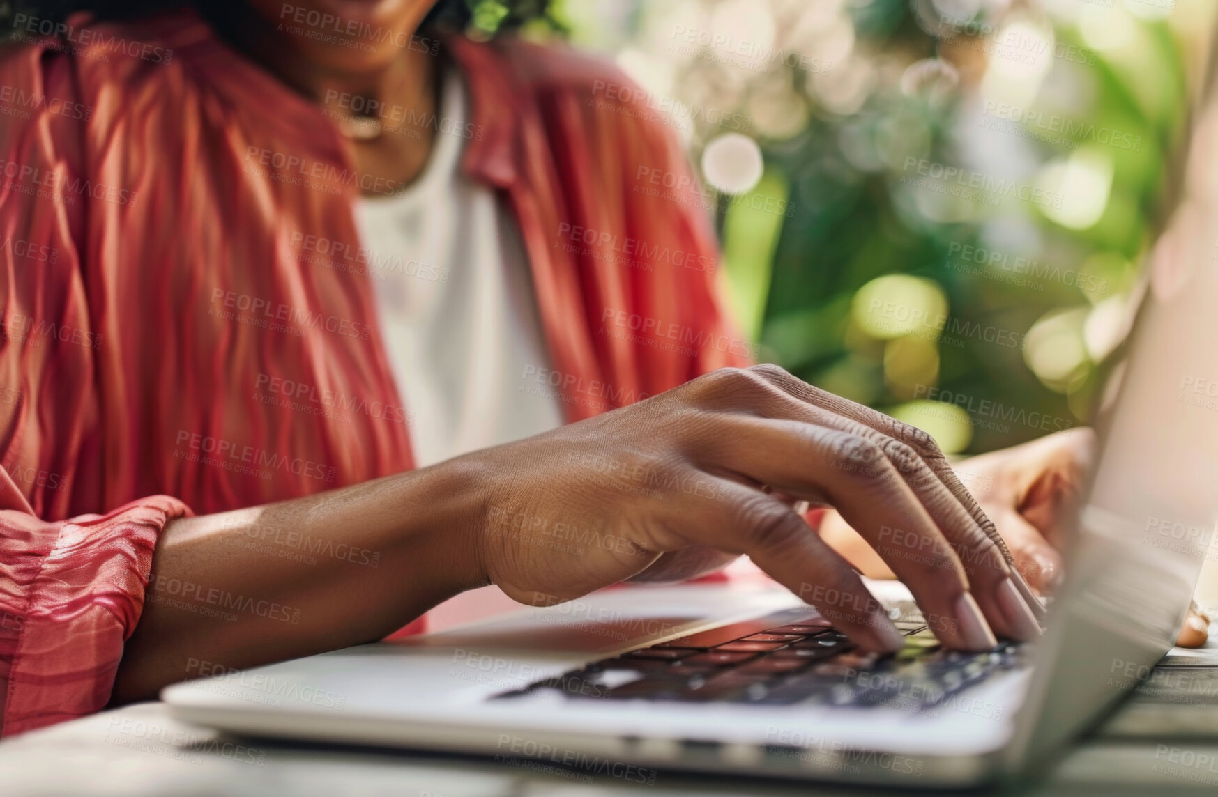 Buy stock photo Laptop, hand and person typing an email or message for social media marketing, business or networking. Closeup, computer and video call with friends or colleagues for content creation and research
