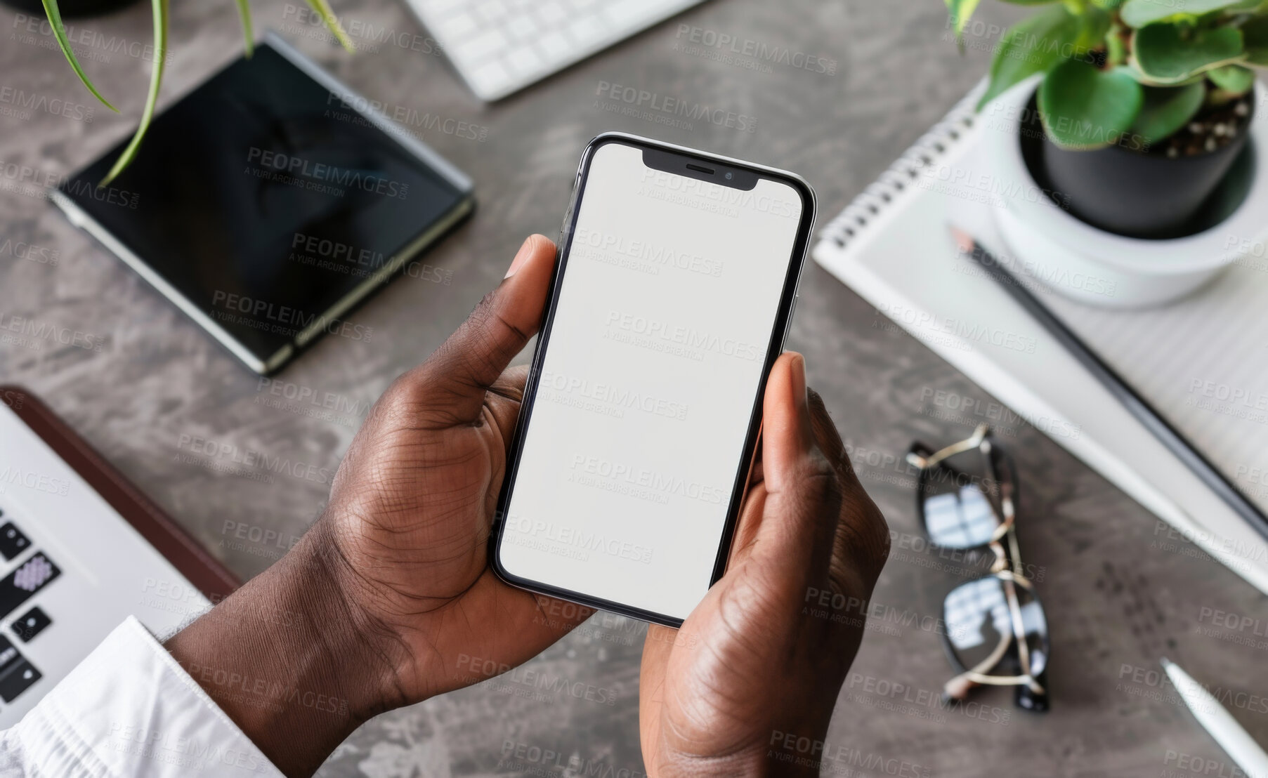 Buy stock photo Smartphone, hand and person typing an email or message for social media marketing, business or networking. Closeup, cellphone and blank screen mockup space for apps, content creation and research