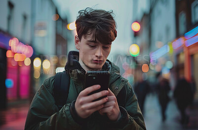 Smartphone, city and young man typing a message for social media, travelling or networking. Carefree, young and American male texting friends for content creation and scrolling, application browsing