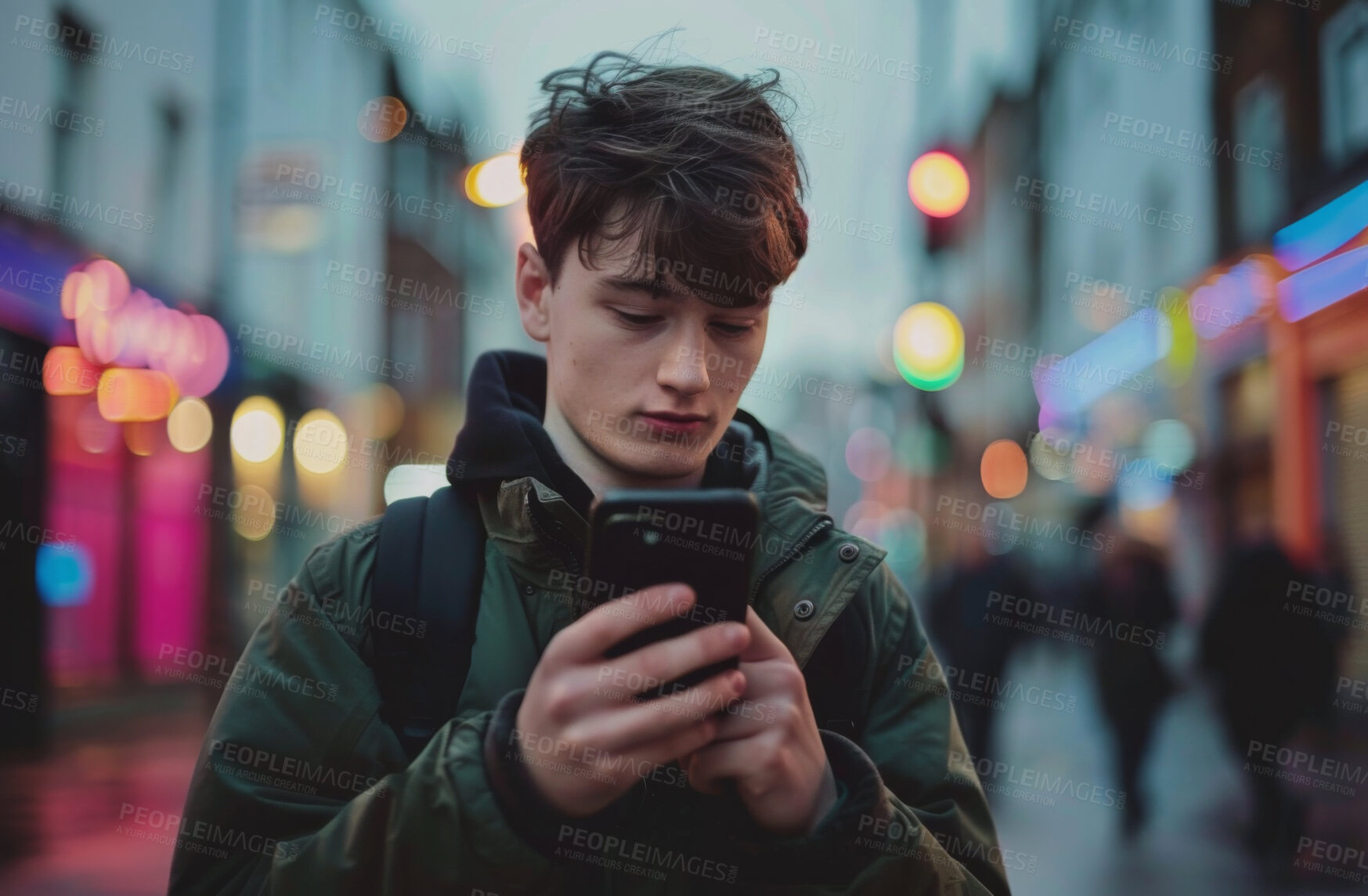 Buy stock photo Smartphone, city and young man typing a message for social media, travelling or networking. Carefree, young and American male texting friends for content creation and scrolling, application browsing