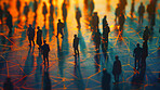 Group, people and crowd connected to wifi internet, big data and smart city. Silhouette, businesspeople and public network lines for communication, futuristic connection and marketing strategy