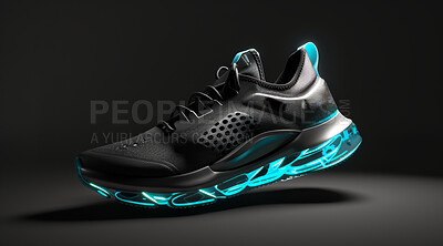 Sneakers, design or sport shoes on a black backdrop for gym workout, fitness and running. Modern design, futuristic and shoe technology for tracking heart rate, pulse and advertisement mockup