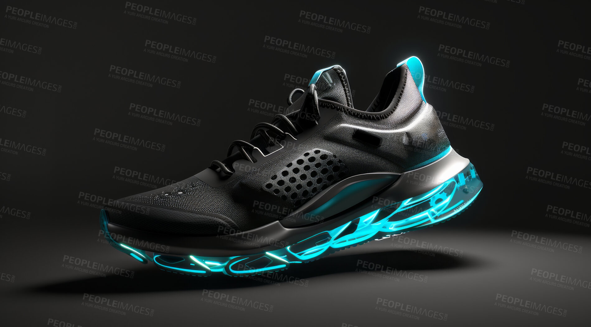 Buy stock photo Sneakers, design or sport shoes on a black backdrop for gym workout, fitness and running. Modern design, futuristic and shoe technology for tracking heart rate, pulse and advertisement mockup