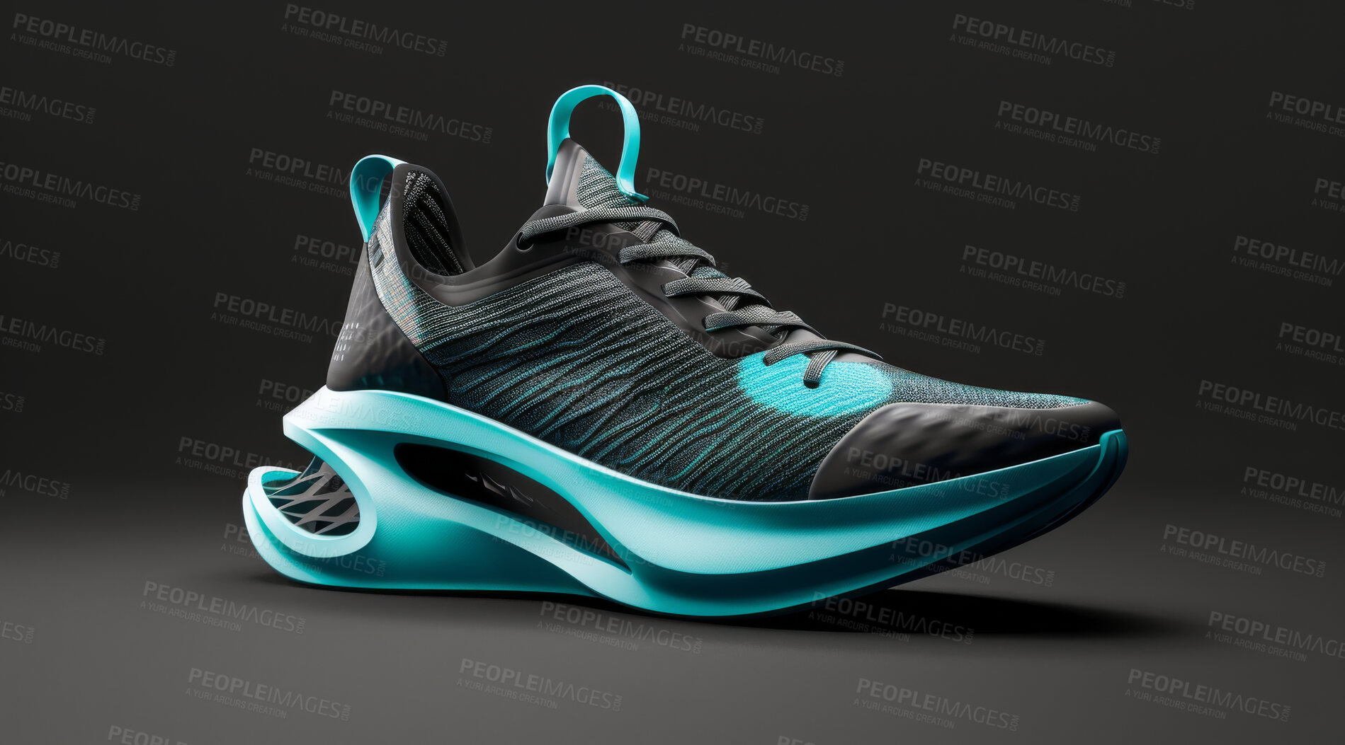 Buy stock photo Sneakers, design or sport shoes on a black backdrop for gym workout, fitness and running. Modern design, futuristic and shoe technology for tracking heart rate, pulse and advertisement mockup