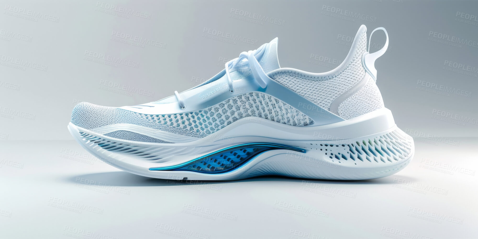 Buy stock photo Sneakers, design or sport shoes on a white backdrop for gym workout, fitness and running. Modern design, futuristic and shoe technology for tracking heart rate, pulse and advertisement mockup