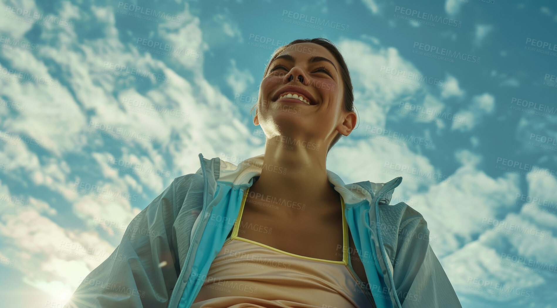 Buy stock photo Woman, breathe and break after an intense workout for exercise, training or fitness. Fit female, confident smile and happy laughter after an intense run for challenge, mental health and wellbeing