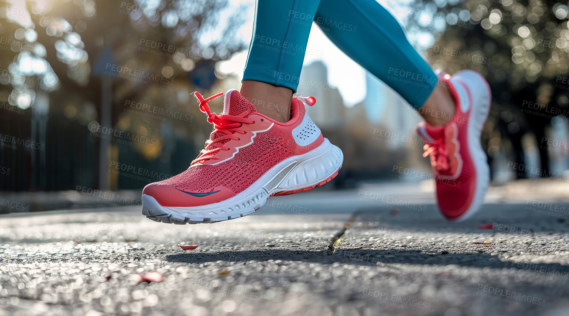 Buy stock photo Female, running and athlete exercise in the morning for marathon competition, training or jogging workout alone. Low angle, sunrise and sport woman shoes mockup for challenge, technology or fitness