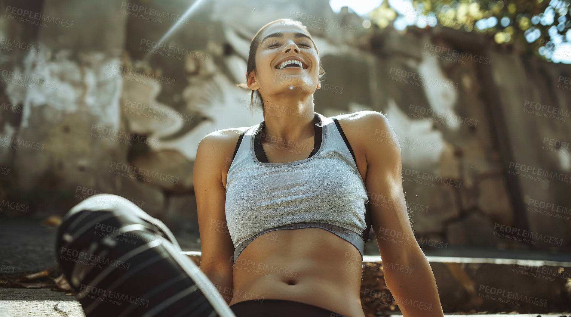 Buy stock photo Woman, breathe and break after an intense workout for exercise, training or fitness. Fit female, confident smile and happy laughter after an intense run for challenge, mental health and wellbeing