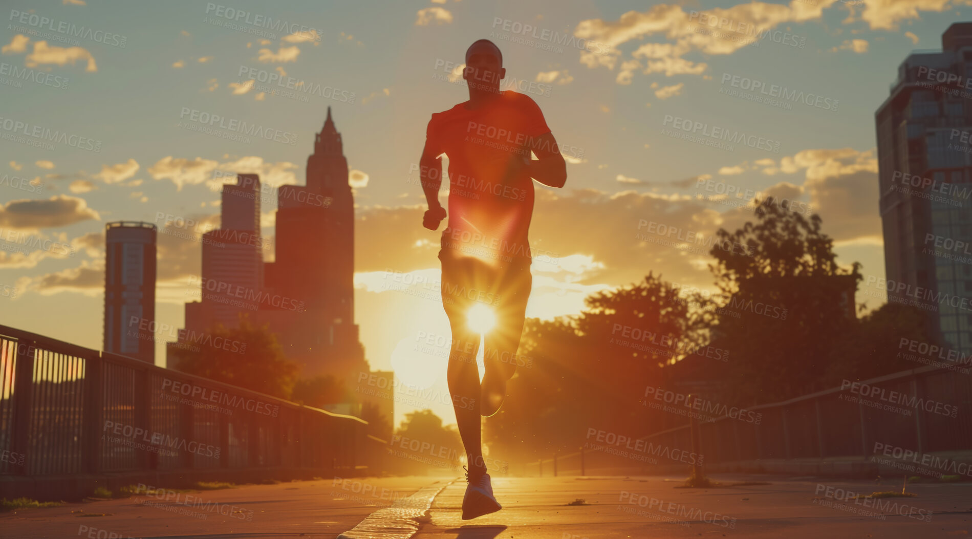 Buy stock photo Man, running and athlete on a morning run in the city for training, fitness and workout. Confident, determined and focused male jogging at sunrise or dawn for marathon training, competition or exercise