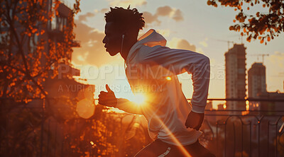 Man, running and athlete on a morning run in the city for training, fitness and workout. Confident, determined and focused male jogging at sunrise or dawn for marathon training, competition or exercise