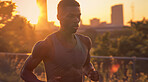 Man, running and athlete on a morning run in the city for training, fitness and workout. Confident, determined and focused male jogging at sunrise or dawn for marathon training, competition or exercise