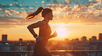 Woman, running and athlete on a morning run in the city for training, fitness and workout. Confident, determined and focused female jogging at sunrise for marathon training, competition or exercise