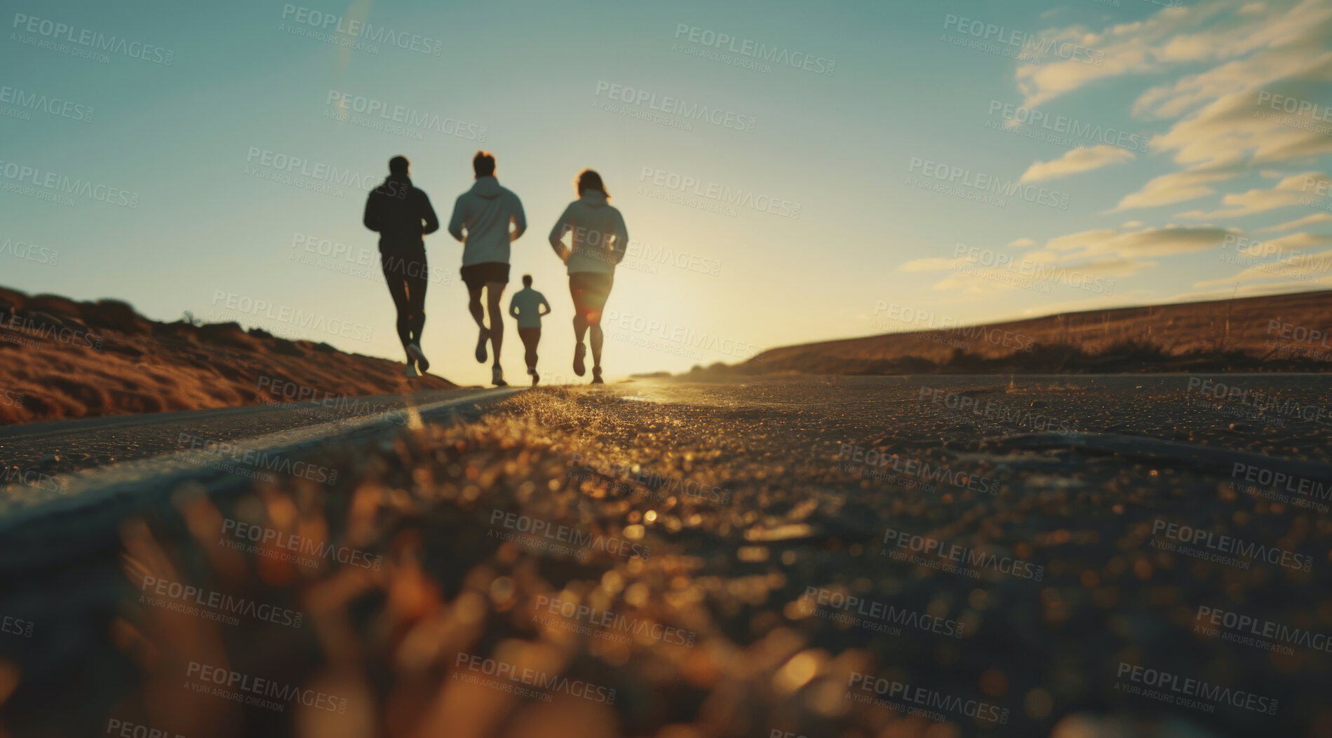 Buy stock photo Group, running and athlete exercise on an open road for marathon competition, training or jogging workout together. Low angle, sunrise and sport shoes mockup for challenge, activity or team support