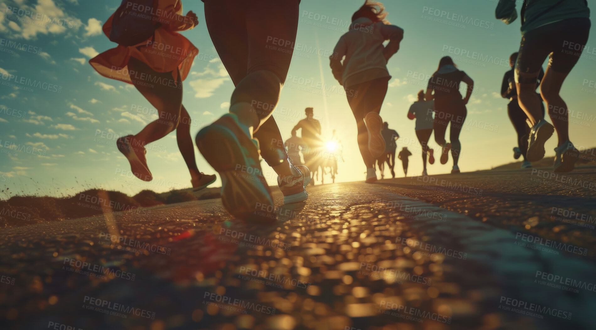 Buy stock photo Group, running and athlete exercise on an open road for marathon competition, training or jogging workout together. Low angle, sunrise and sport shoes mockup for challenge, activity or team support