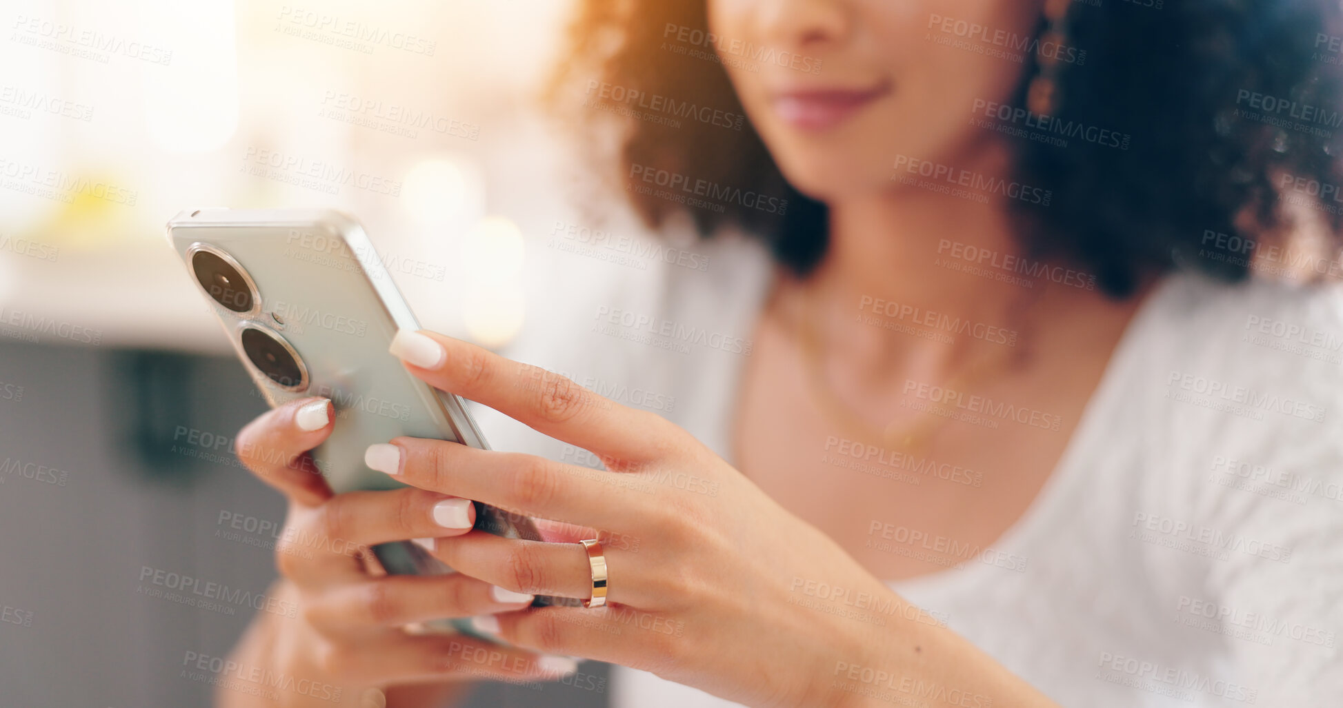 Buy stock photo Happy woman, hands and phone typing for social media, communication or networking at home. Closeup of female person smile on mobile smartphone for online chatting, texting or research at house