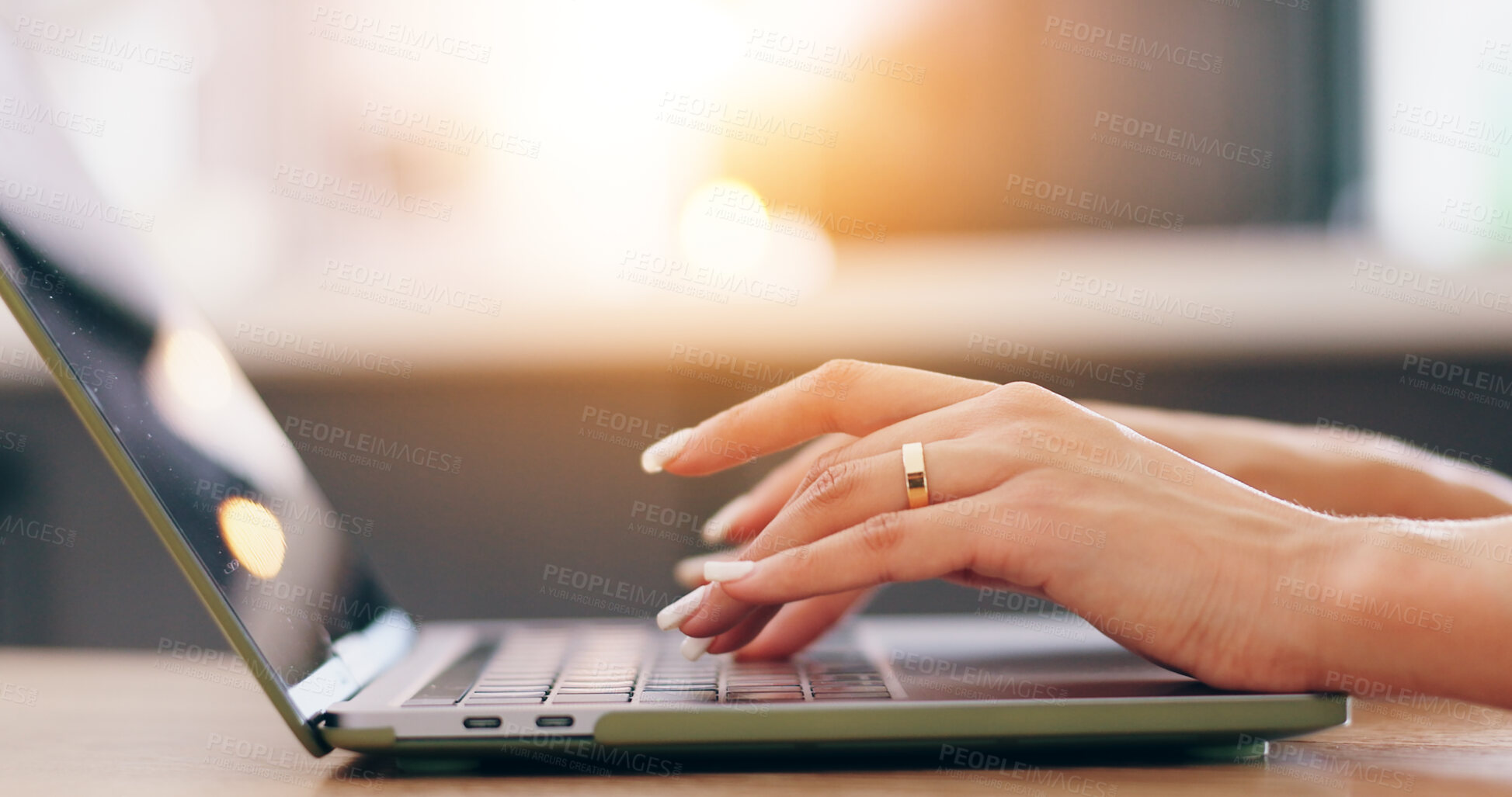 Buy stock photo Hands, laptop and woman with typing in closeup for remote work from home for online media company. Person, employee or freelance writer with computer, keyboard and click for articles, blog or story