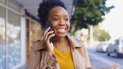 Buy stock photo Woman, smile and happy on street, phone call or discussion with news or communication. Designer, report and south africa city with chat, network or conversation with connection for entrepreneurship