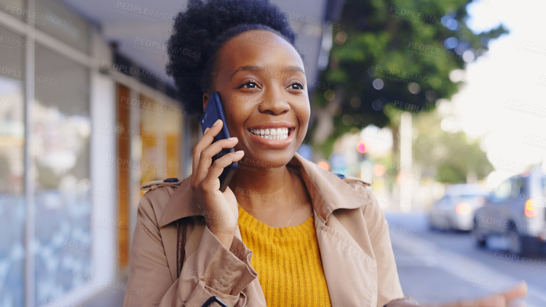 Buy stock photo Woman, smile and happy on street, phone call or discussion with news or communication. Designer, report and south africa city with chat, network or conversation with connection for entrepreneurship