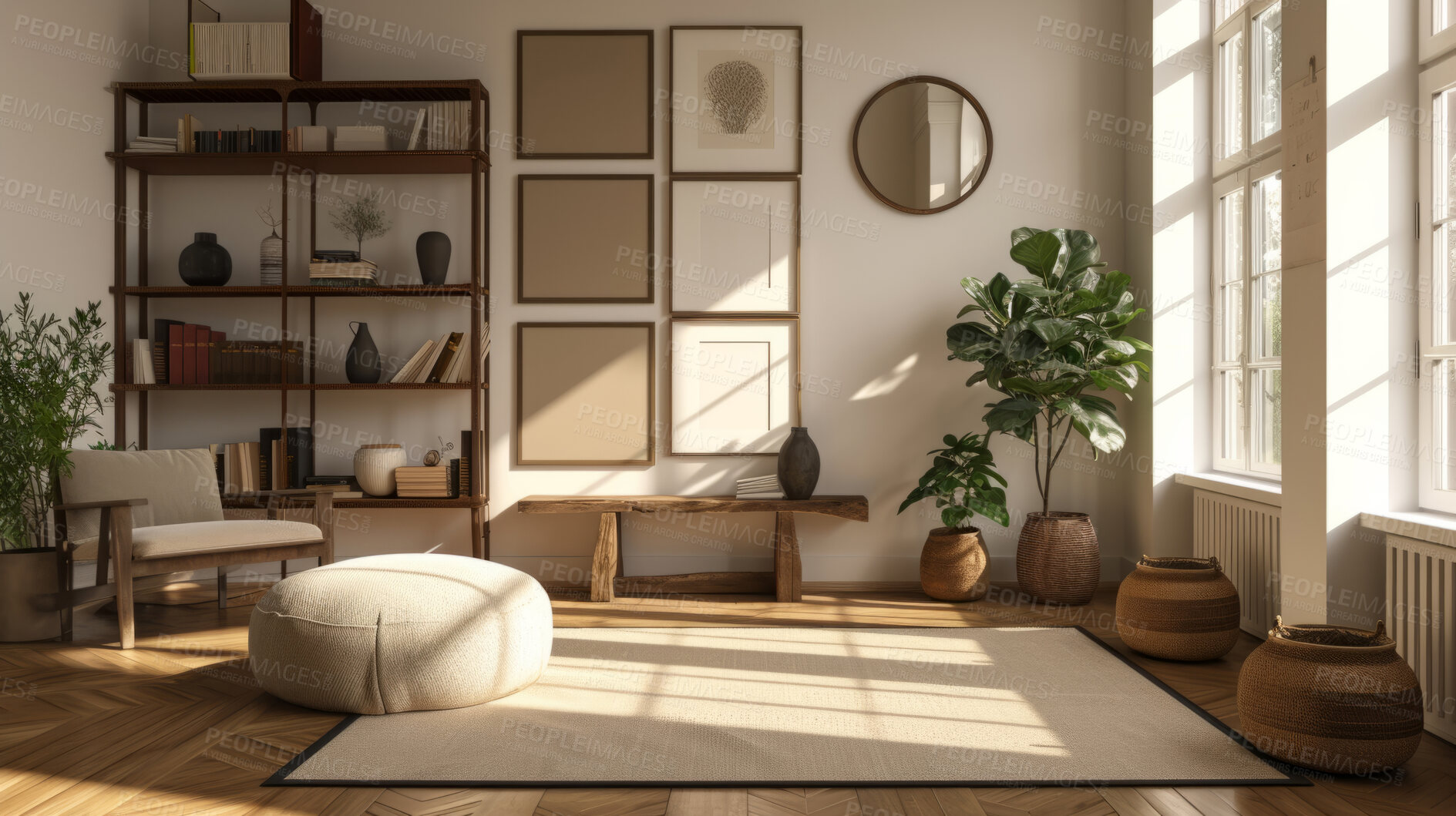 Buy stock photo Sunlight, room and serene ambiance for chill vibes, natural light and a calming atmosphere. Soft shadows, streaming sunlight and cozy furnishings create an idyllic space. Perfect for home decor blogs, real estate listings and relaxation-focused visuals.