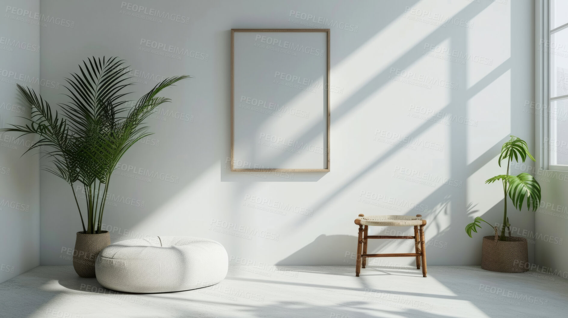 Buy stock photo Sunlight, room and serene ambiance for chill vibes, natural light and a calming atmosphere. Soft shadows, streaming sunlight and cozy furnishings create an idyllic space. Perfect for home decor blogs, real estate listings and relaxation-focused visuals.