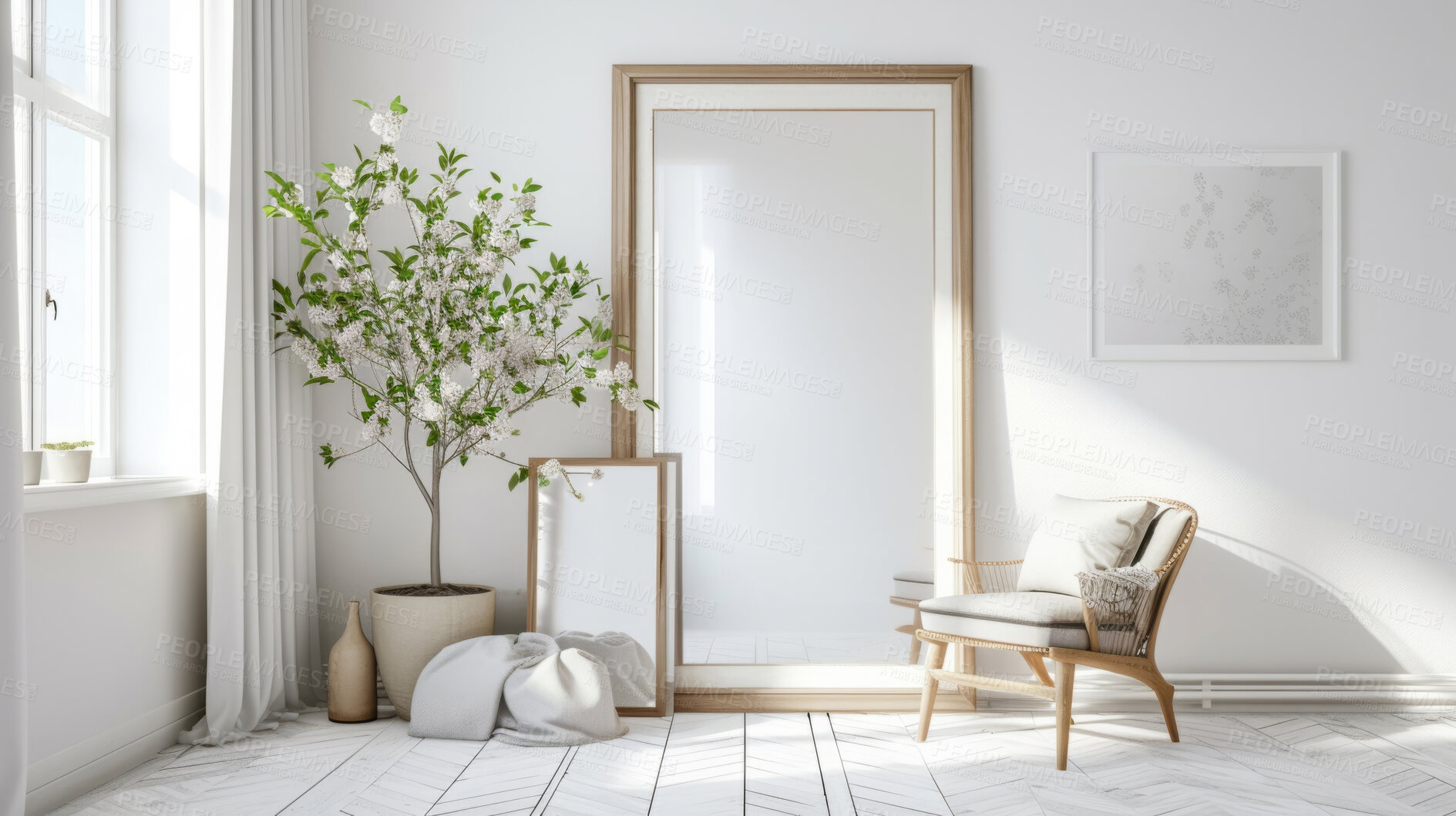 Buy stock photo Sunlight, room and serene ambiance for chill vibes, natural light and a calming atmosphere. Soft shadows, streaming sunlight and cozy furnishings create an idyllic space. Perfect for home decor blogs, real estate listings and relaxation-focused visuals.