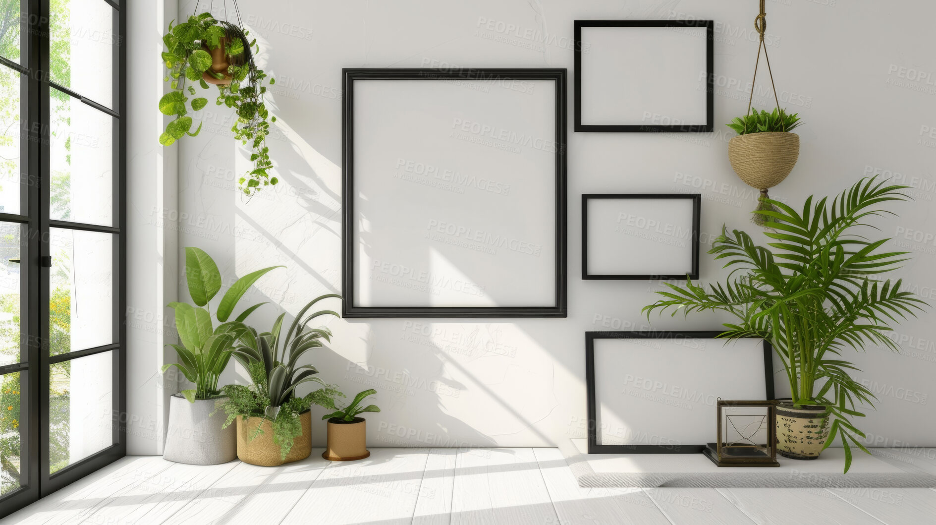 Buy stock photo Sunlight, room and serene ambiance for chill vibes, natural light and a calming atmosphere. Soft shadows, streaming sunlight and framed artwork create an idyllic space. Perfect for home decor blogs, real estate listings and relaxation-focused visuals.