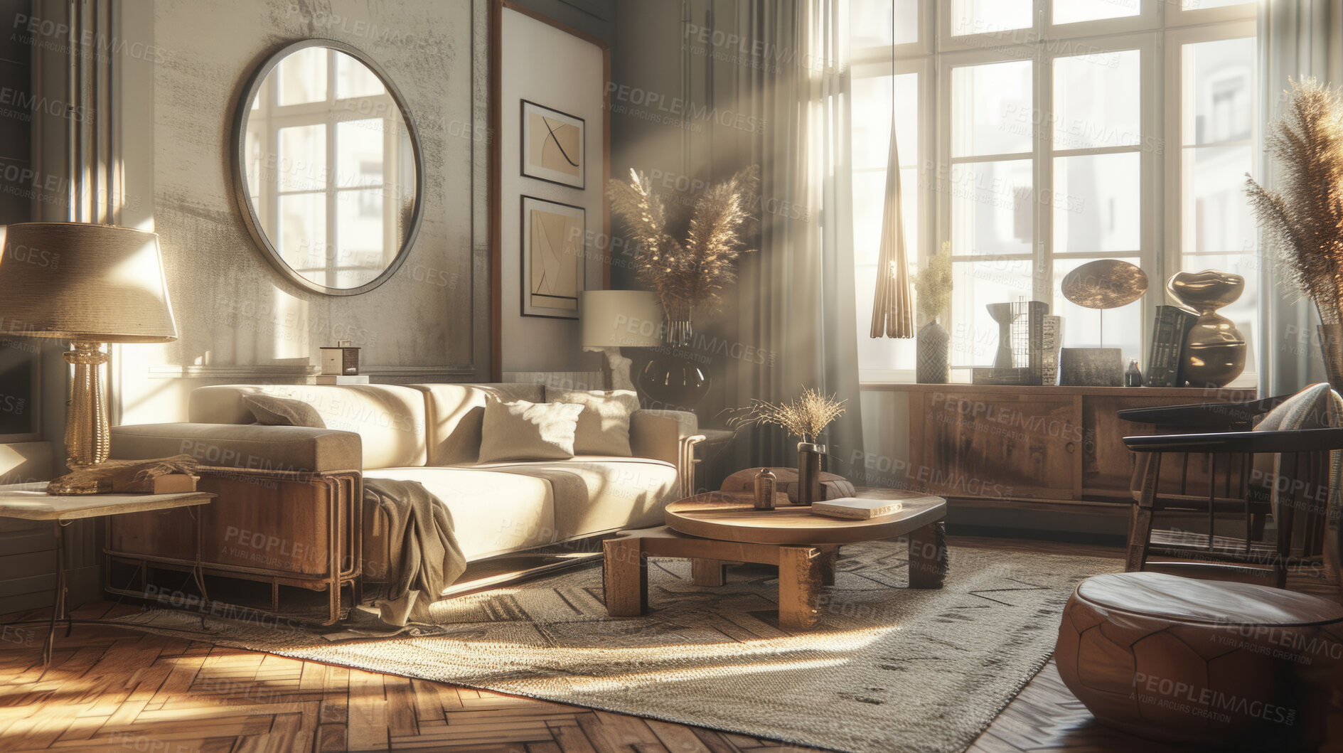 Buy stock photo Sunlight, room and serene ambiance for chill vibes, natural light and a calming atmosphere. Soft shadows, streaming sunlight and cozy furnishings create an idyllic space. Perfect for home decor blogs, real estate listings and relaxation-focused visuals.