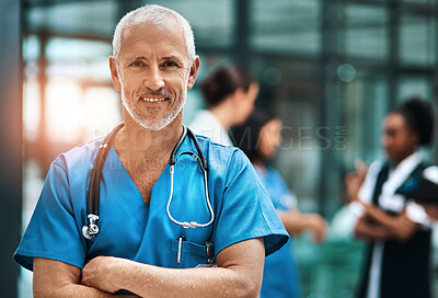 Buy stock photo Happiness, portrait of doctor or nurse with mockup in hospital lobby, healthcare and support in medical career. Health care, confidence and medicine, happy man or nursing professional in workplace.