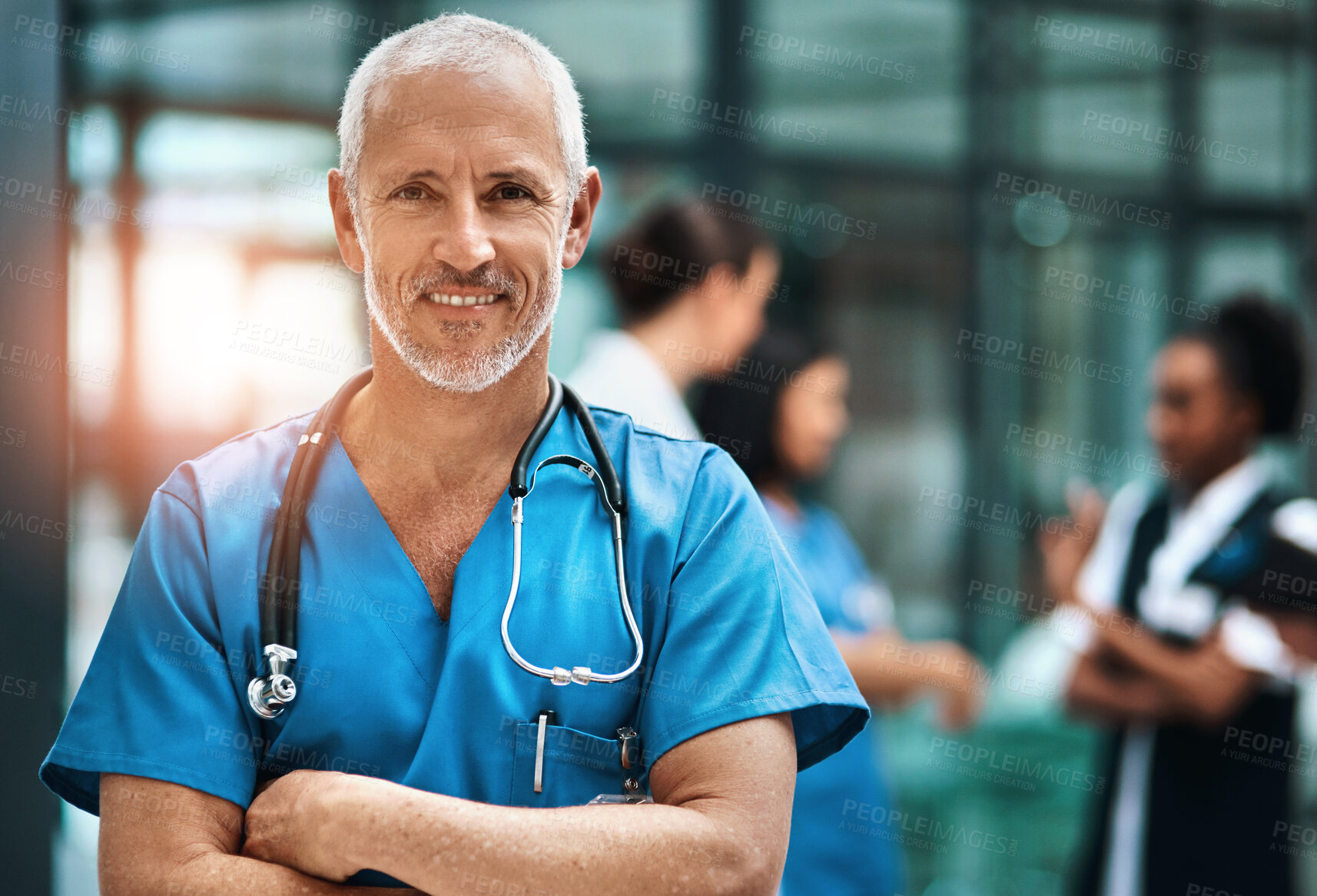 Buy stock photo Happiness, portrait of doctor or nurse with mockup in hospital lobby, healthcare and support in medical career. Health care, confidence and medicine, happy man or nursing professional in workplace.