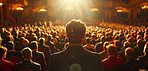 Group, people and seminar in arena, crowd and connection. Silhouette, businesspeople and public networking with communication, community and human interaction for culture and future development