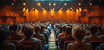 Group, people and seminar in arena, crowd and connection. Silhouette, businesspeople and public networking with communication, community and human interaction for culture and future development