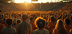 Group, people and seminar in arena, crowd and connection. Silhouette, businesspeople and public networking with communication, community and human interaction for culture and future development