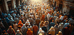 Group, people and faith connection in modern religion, culture and togetherness. Silhouette, islam and public networking for communication, crowd interaction and human collaboration or relationship