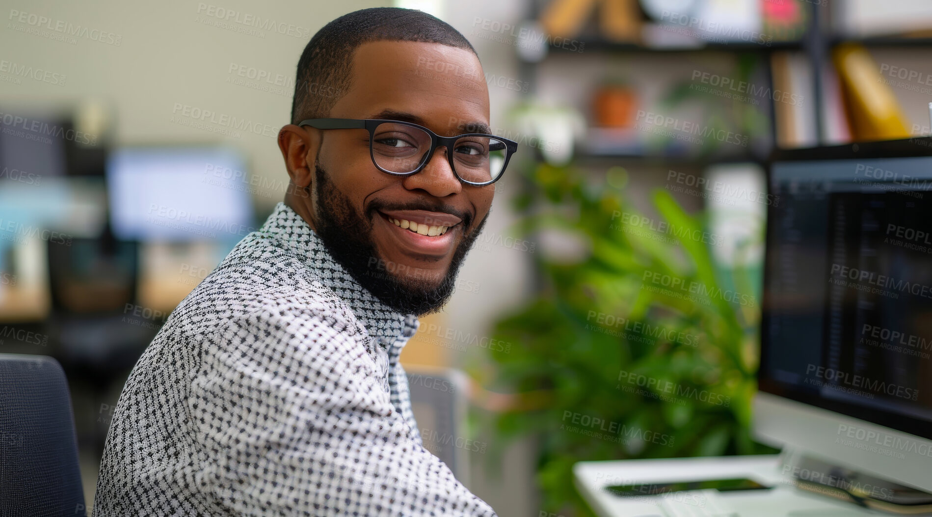 Buy stock photo Computer, business and man in an office for marketing strategy, data analysis and infographics on screen. Happy, confident and American sitting at his desk for finance, professional and technology