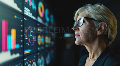 Charts, business or woman in an office for marketing strategy, data analysis and infographics on screen. Happy, confident and American looking at a big screen for finance, professional or technology