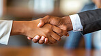 Handshake, corporate business and people in an interview or greeting for meeting, partnership agreement or promotion. Closeup, hands or businesspeople agree to deal for contract, negotiation or trade
