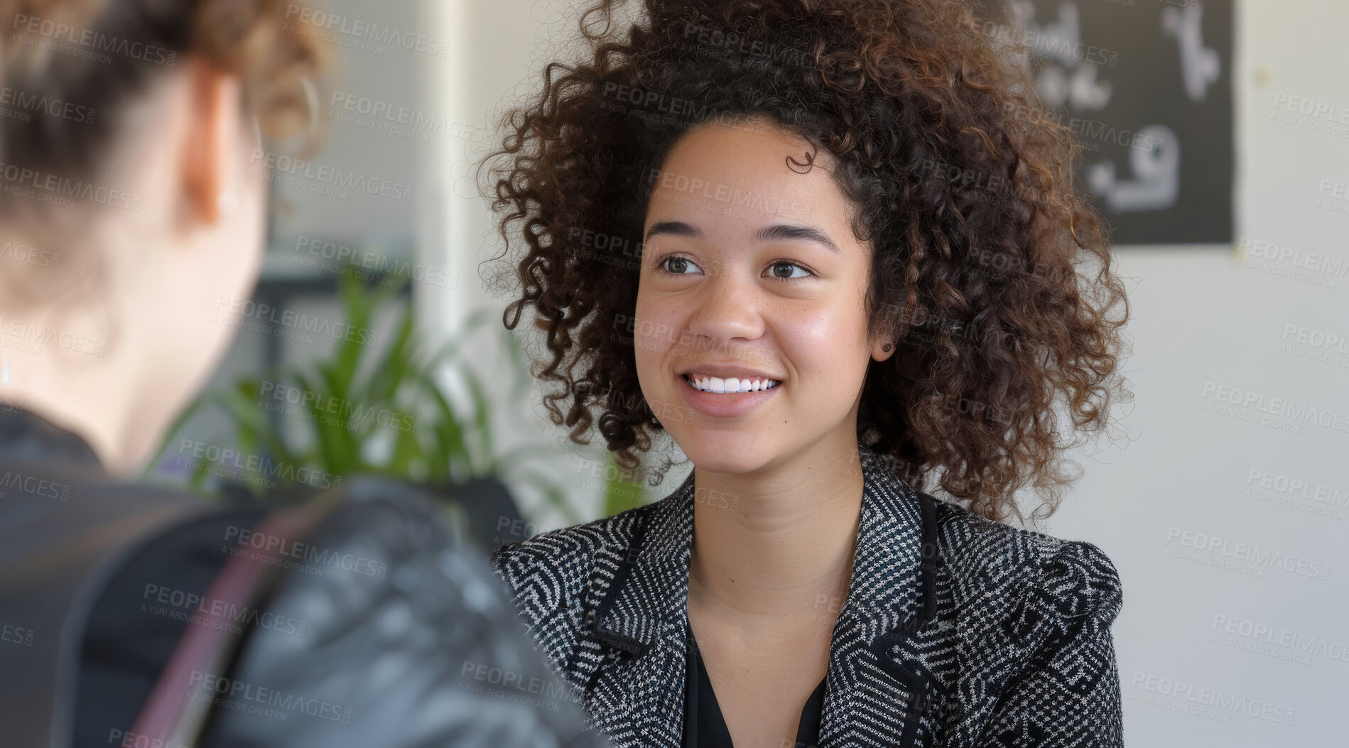 Buy stock photo Young, corporate business and woman in an interview or meeting for job, career or promotion. Confident, African American and female professional smiling for new position, recruitment and work