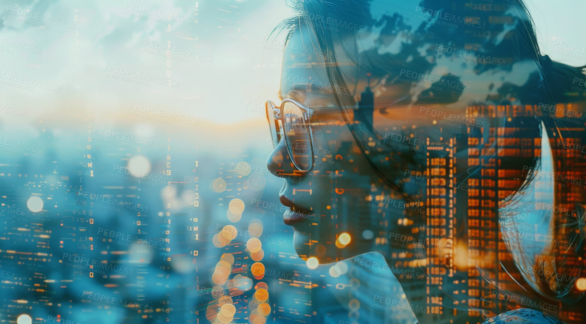 Buy stock photo Business and silhouette of woman thinking for corporate, communication or entrepreneur. Cityscape, sunset and abstract double exposure effect of a female head for marketing, internet or research