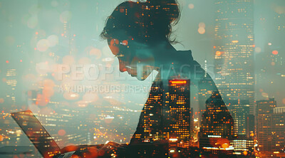 Business, laptop and silhouette of woman working for corporate, communication or entrepreneur. Cityscape, sunset and double exposure effect of a female using pc for marketing, internet or research