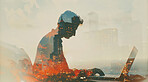 Business, laptop and silhouette of man working mockup for corporate, communication or entrepreneur. Cityscape, sunset and double exposure effect of a male using pc for marketing, internet or research