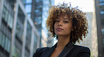 Portrait, corporate business and woman in the city for investment, entrepreneur and executive. Confident, African American and female professional standing outdoor for leadership, empowerment or ceo