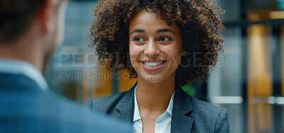 Young, corporate business and woman in an interview or meeting for job, career or promotion. Confident, African American and female professional smiling for new position, recruitment and work