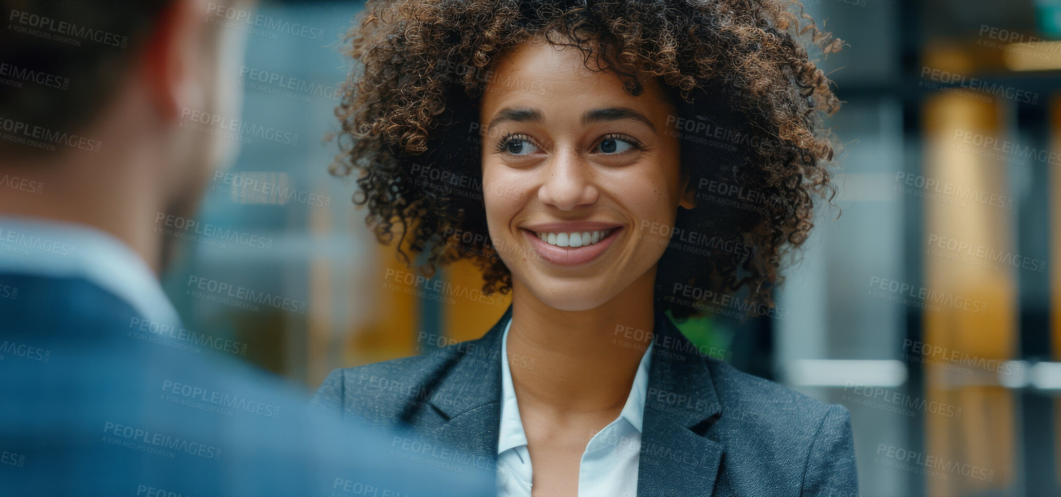 Buy stock photo Young, corporate business and woman in an interview or meeting for job, career or promotion. Confident, African American and female professional smiling for new position, recruitment and work