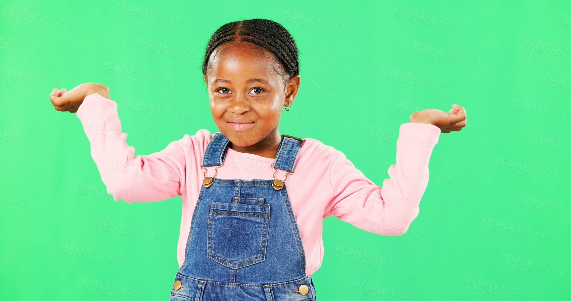 Buy stock photo Little girl, face and clueless with smile on green screen for question against a studio background. Portrait of African American child or kid smiling with arms in air, unsure or doubt on mockup