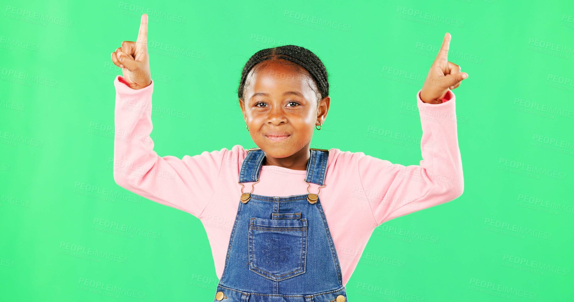 Buy stock photo Children, pointing and a black girl on a green screen background in studio for marketing a product. Kids, portrait and advertising with a cute little female child showing space on chromakey mockup