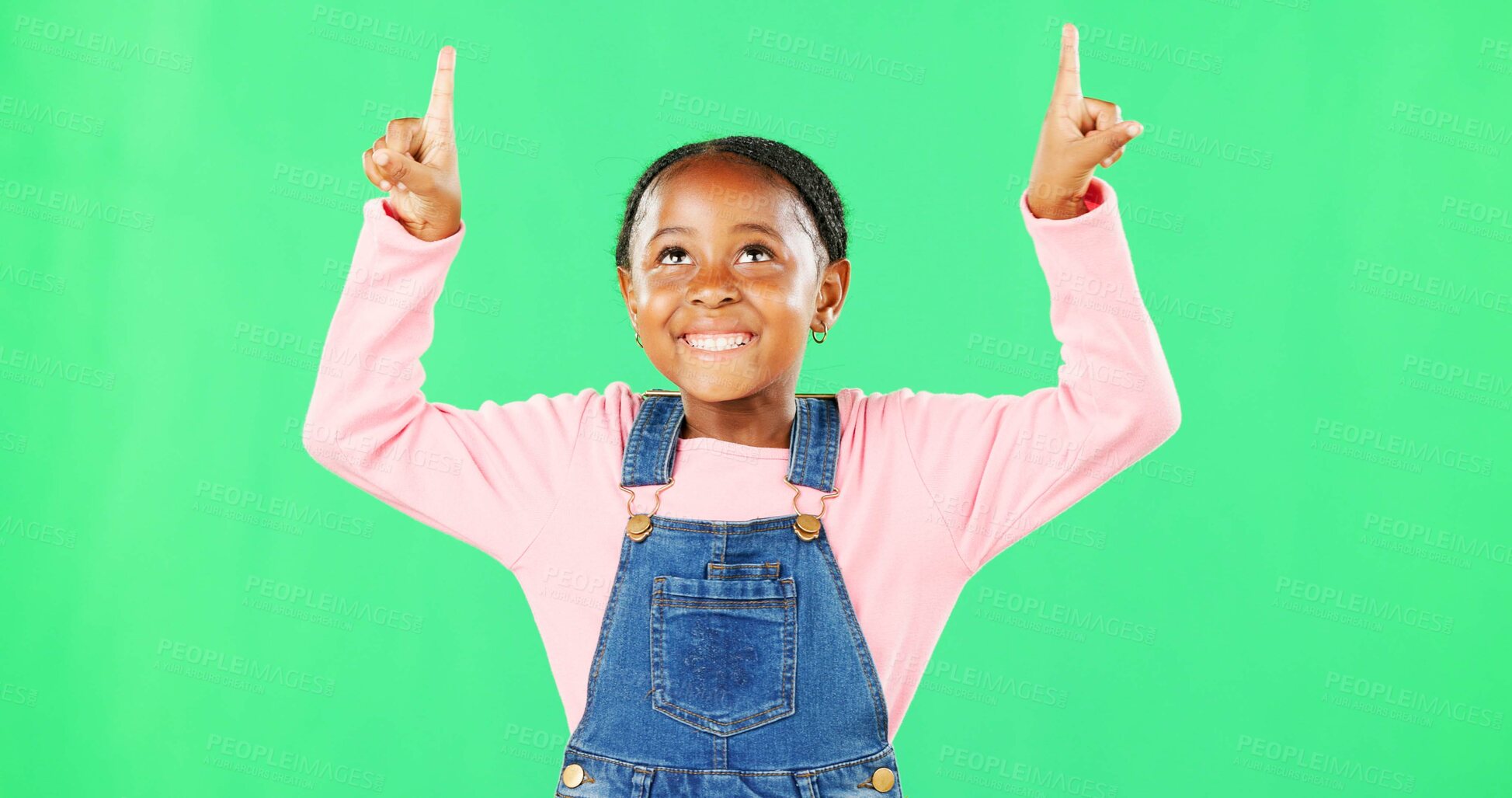 Buy stock photo Kids, pointing and a black girl on a green screen background in studio for marketing a product. Children, portrait and advertising with a cute little female child showing space on chromakey mockup