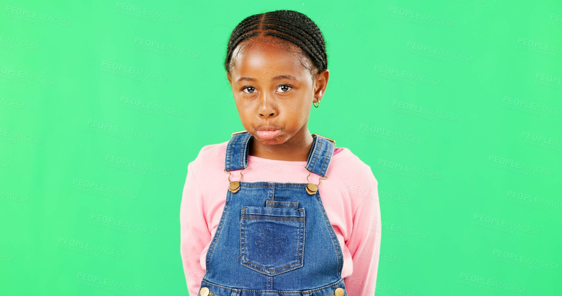 Buy stock photo Sad, expression and face of a child on a green screen isolated on a studio background. Depression, unhappy and portrait of an African girl kid looking moody, disappointed and expressing sadness
